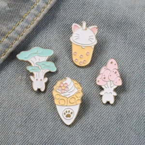 Food Enamel Pins Mushroom Ice Cream Boba Tea Cat Paw Brooches Bag Hat Lapel Pin Cartoon Badge Jewelry Gift Kids Girl